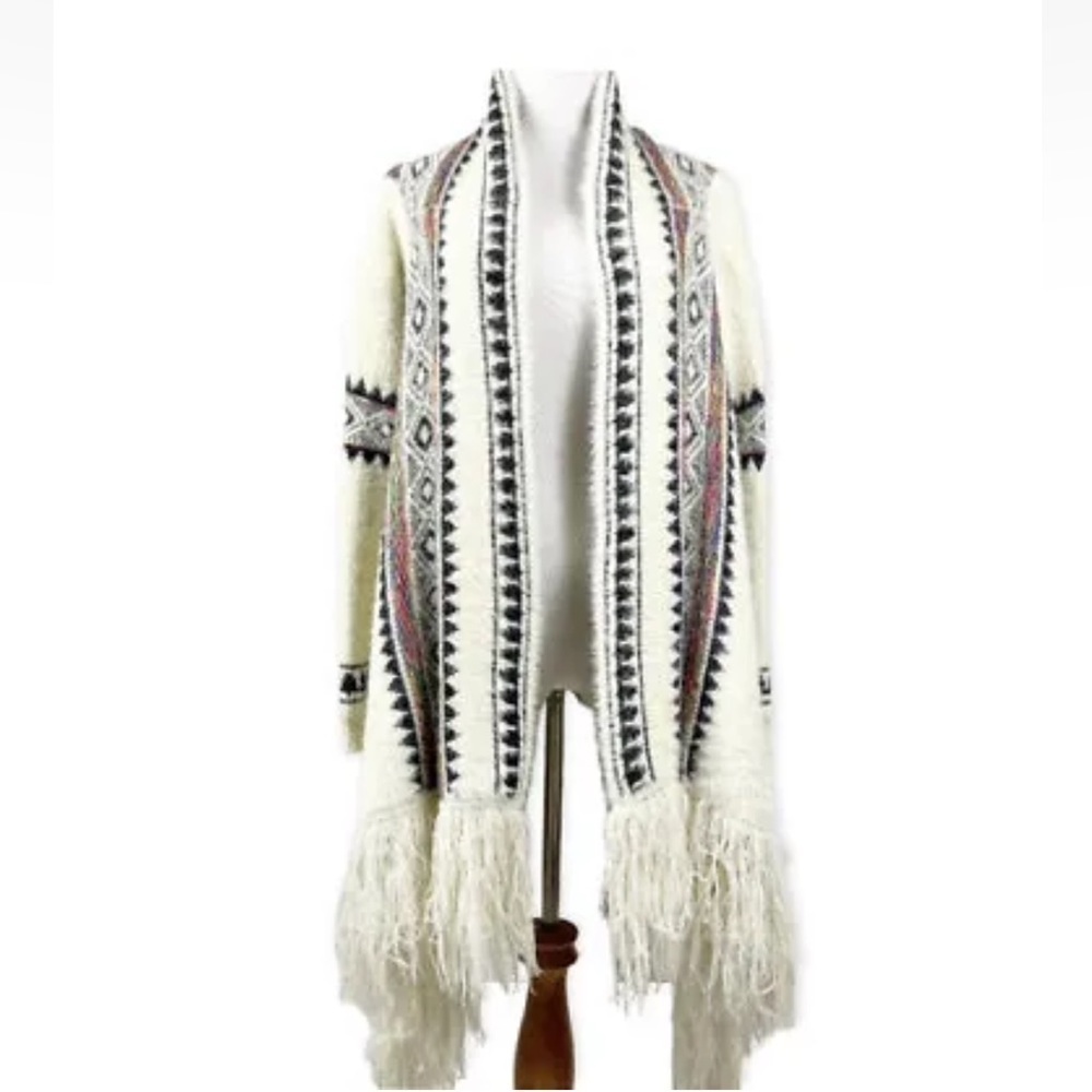 Janice Bohemian Cardigan Sweater Open Front Aztec Fringe Long Western
